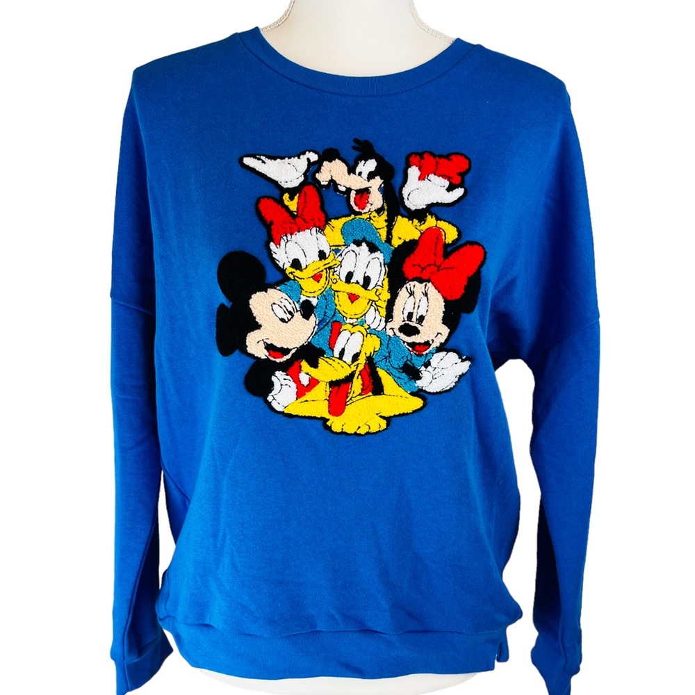 DISNEY Blue Chenille Patch Sweatshirt Fleece Sweater L Mickey Pluto Donald Goofy